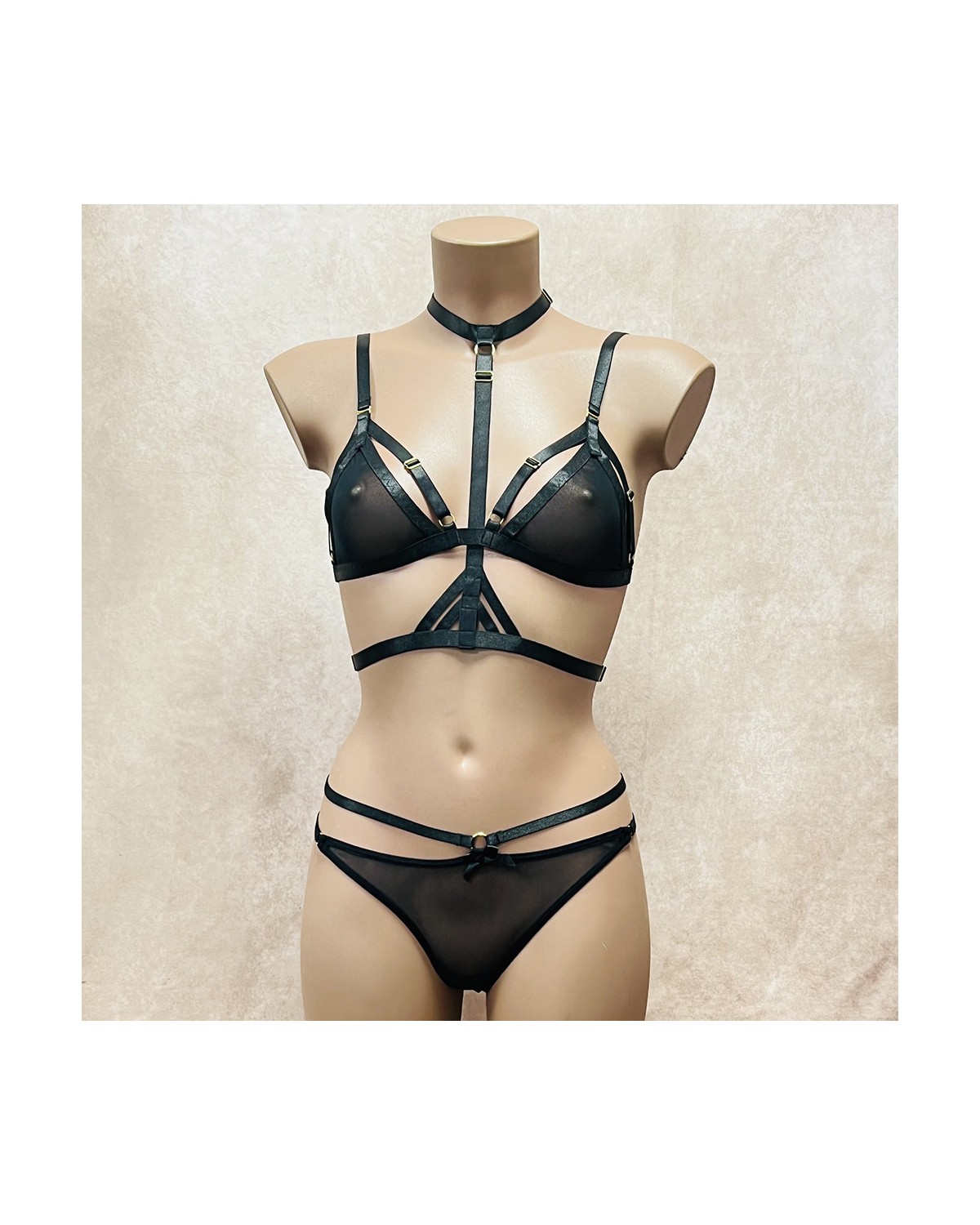 Ensemble_3_Pièces_Soutien_gorge_Harnais_String_Assorti