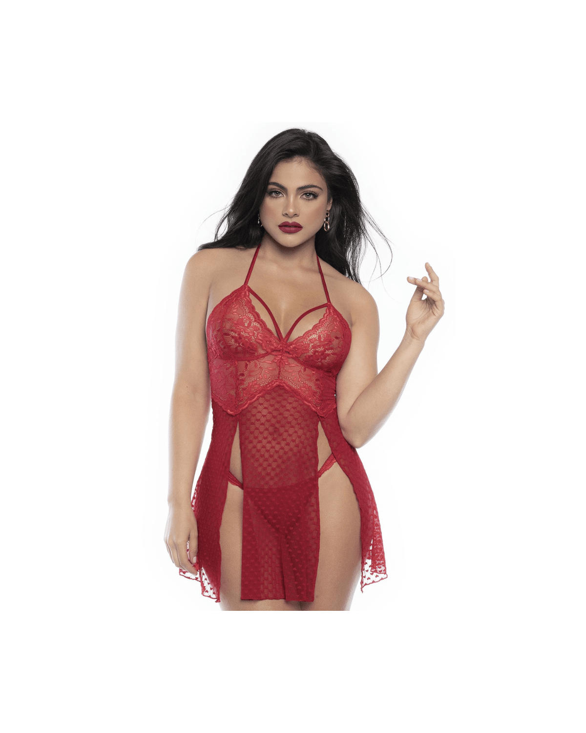 Nuisette_Fendue_String_Dentelle_Rouge_Resille_Cœurs_Mapale_Lingerie