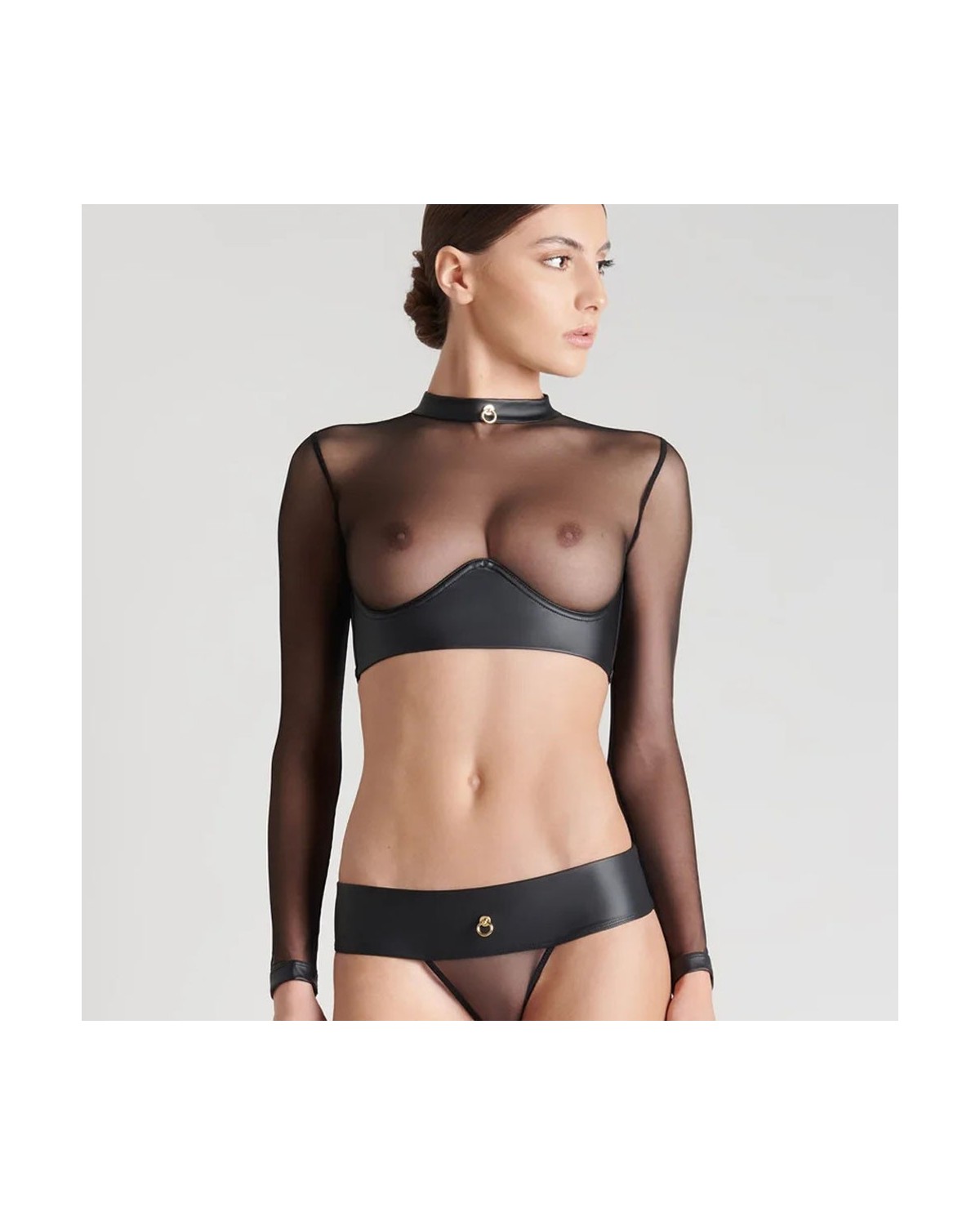 Crop Top Manches Longues en Simili Cuir Chambre Noire - Maison Close