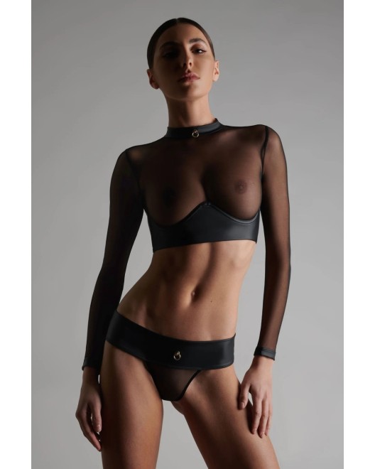 Crop Top Manches Longues en Simili Cuir Chambre Noire - Maison Close