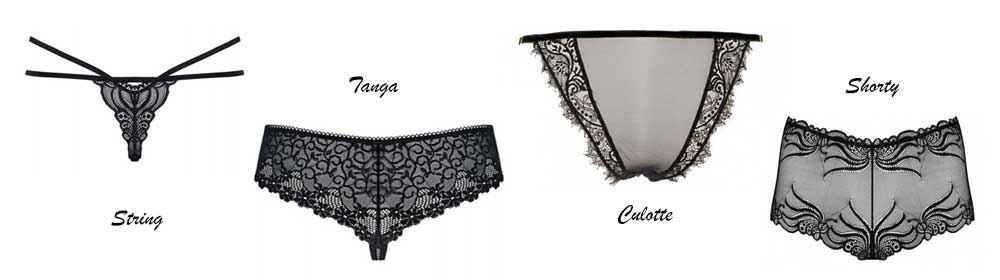 Différents modèles de string, tanga, culotte et shorty disponibles chez Paradise Boutik